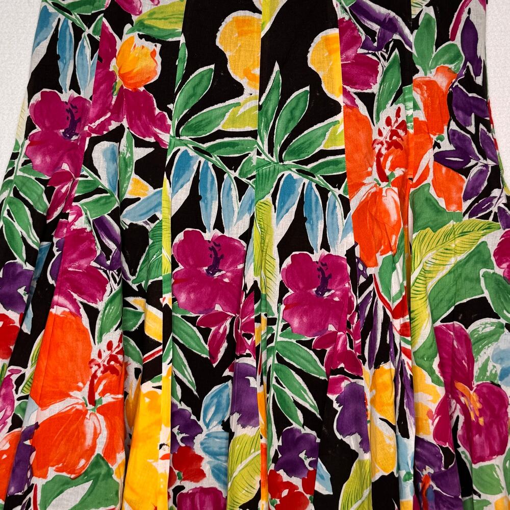 Lauren Ralph Lauren 2000s Floral Cotton Pleated Skirt Black Multicolor Size 14 - Picture 3 of 14